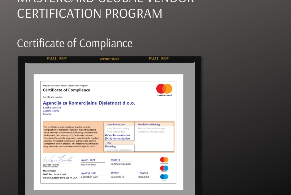 AKD potvrdio certifikat za proizvodnju i personalizaciju Mastercard bankarskih kartica